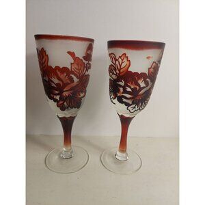 Pair of Cameo Glass Wine Goblets Floral Red Stems